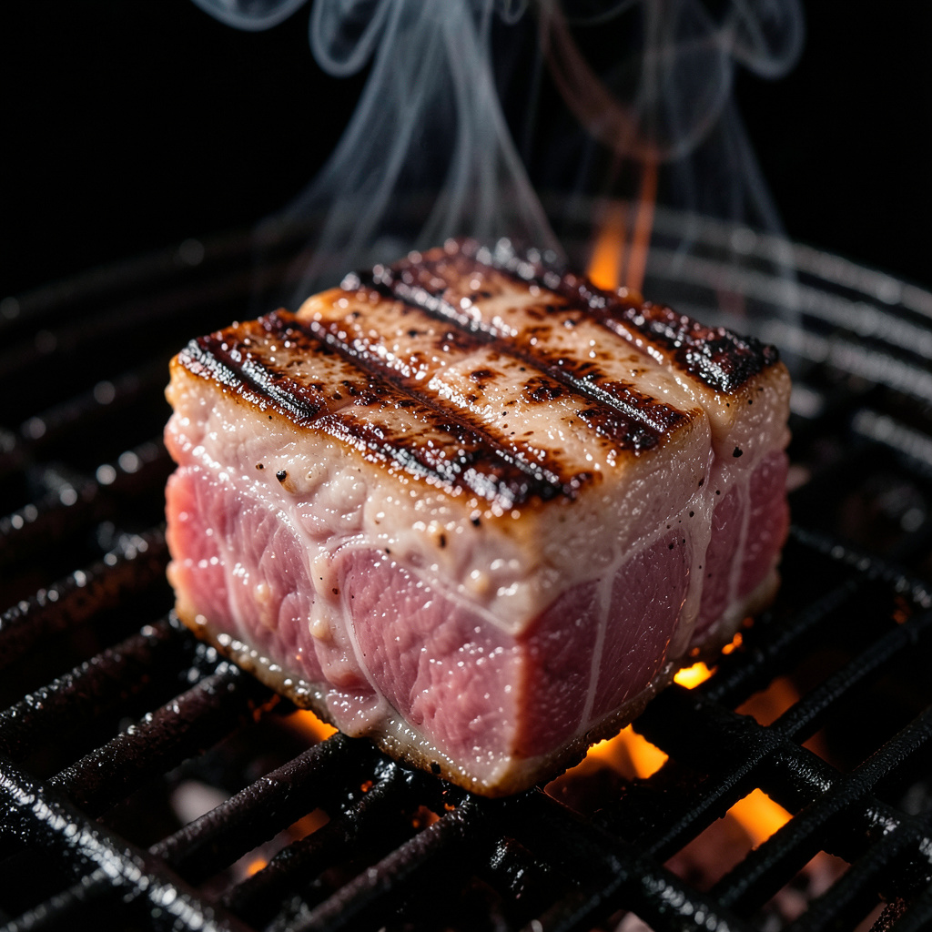 Dado de presa ibérica marcándose en parrilla con fuego visible — cuadriculado de brasa, interior rosado, humo aromático ascendente