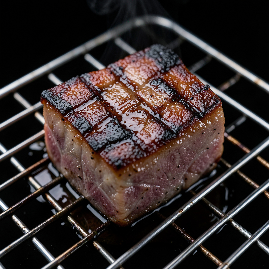 Dado de presa reposando sobre rejilla metálica tras la brasa — costra perfecta cuadriculada, interior rosado visible, jugos goteando