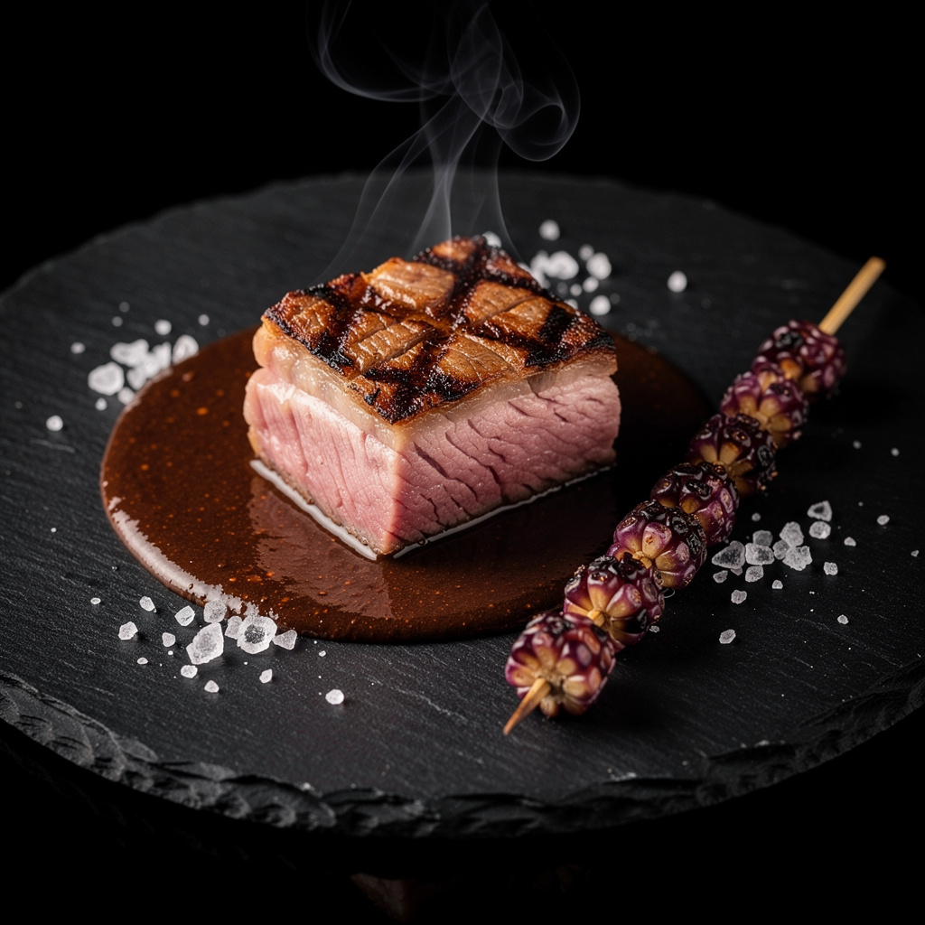 Pincho de presa ibérica a la brasa sobre mole negro con maíz tostado