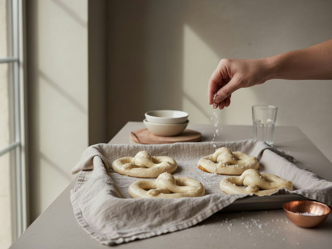 Sal y corte: con los pretzels aún húmedos del baño, espolvorea la sal gruesa en escamas sobre el vientre y haz un c
