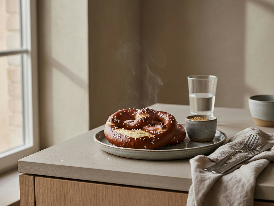 Pretzels artesanos con su nudo característico y corteza caoba brillante, cristales de sal gruesa esparcidos, junto a un cuenco de mostaza a la antigua, sobre tabla de madera oscura