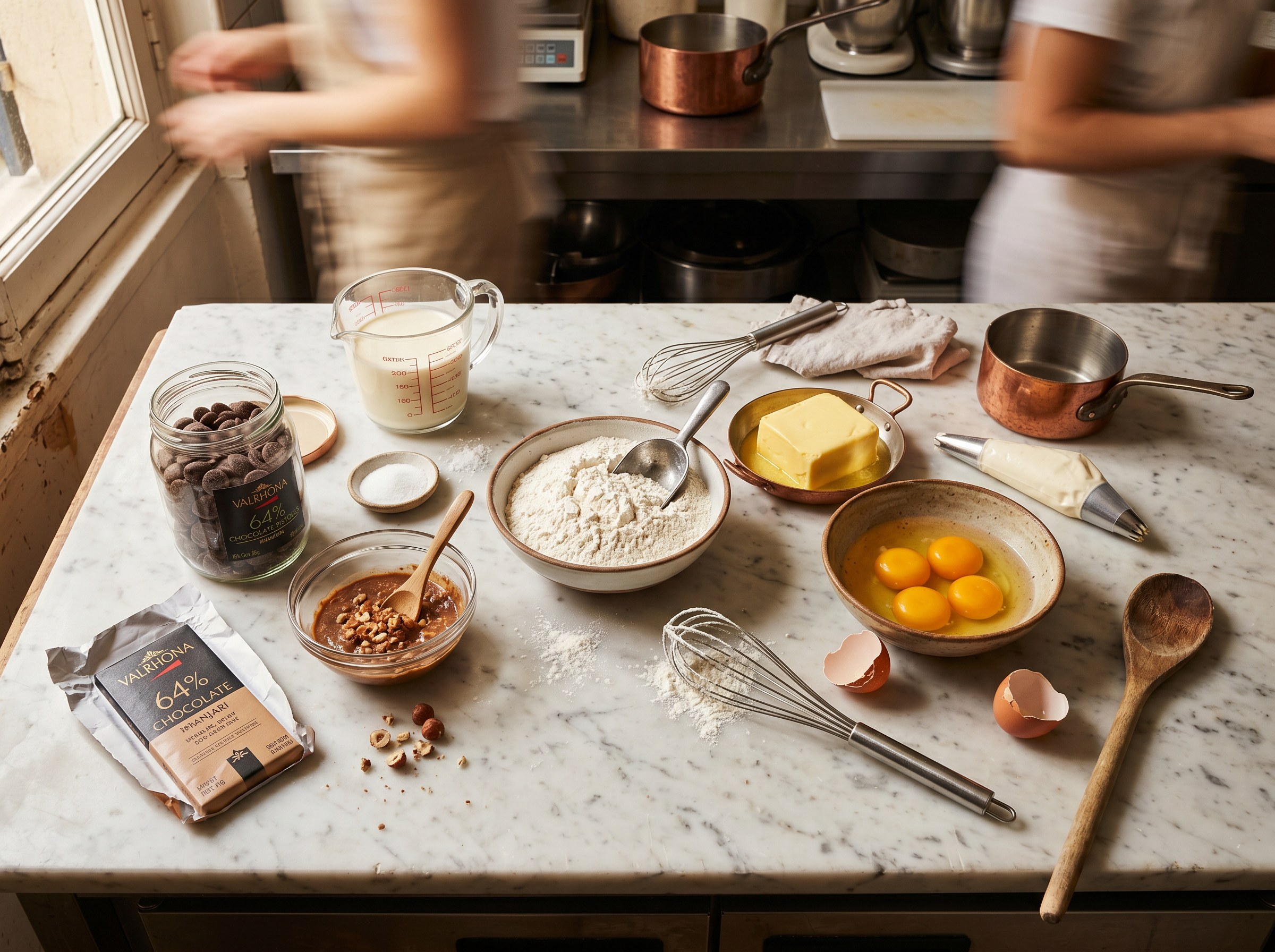 Ingredientes profiteroles: harina, mantequilla, huevos, praliné avellana, Valrhona 64%
