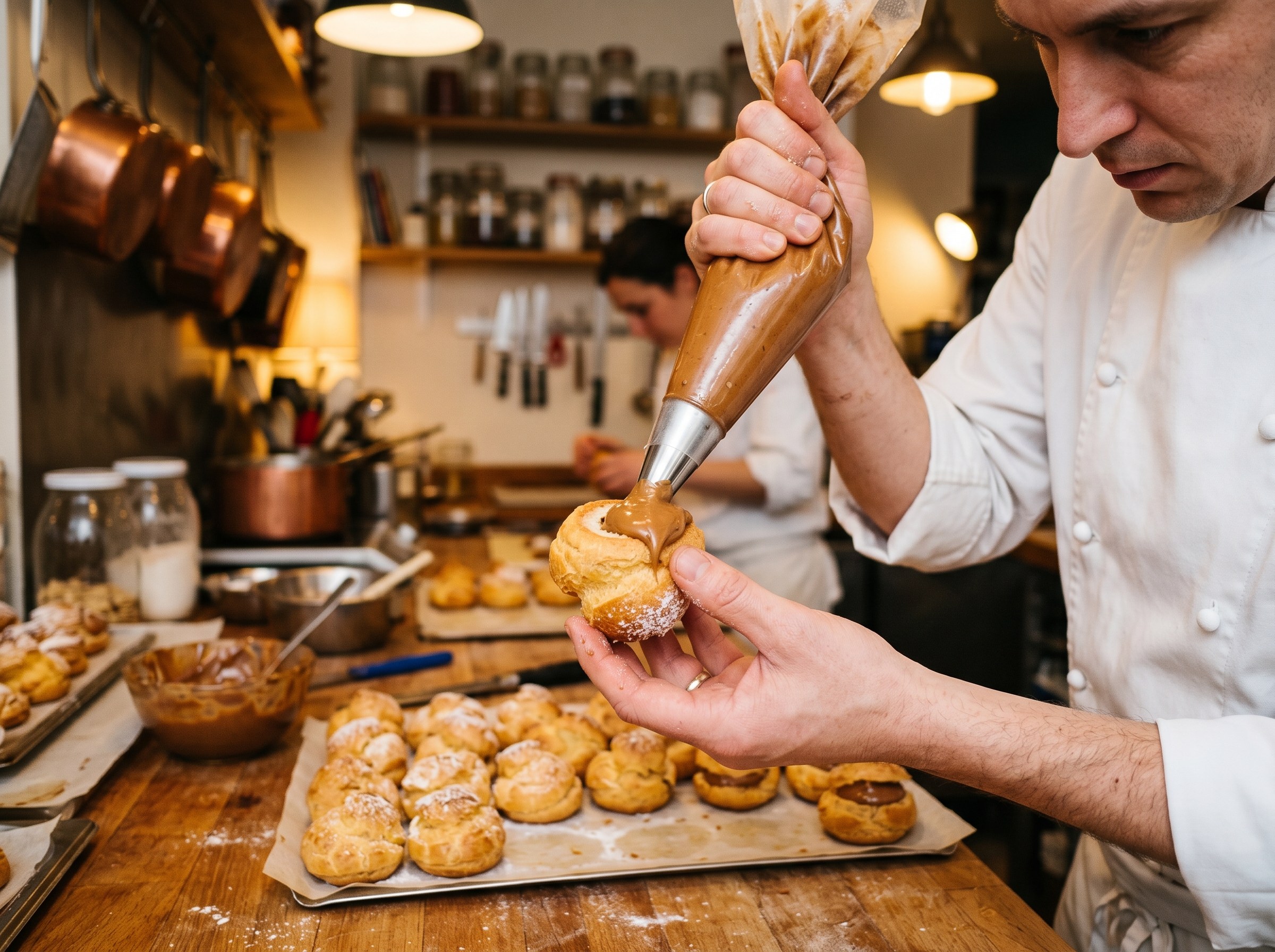 Profiteroles dorados siendo rellenados de crema de praliné desde la base con manga