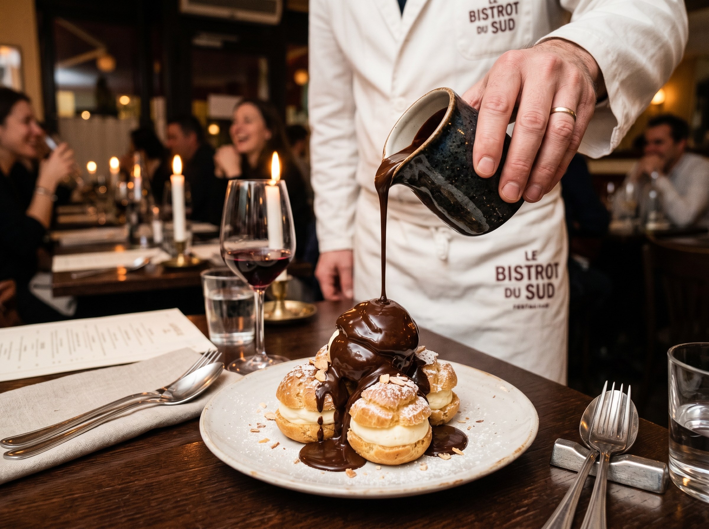 Salsa de chocolate Valrhona caliente siendo vertida en la mesa sobre los profiteroles