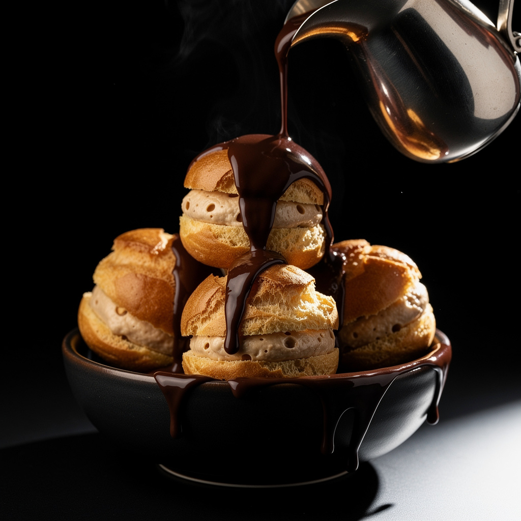 Profiteroles con praliné apilados en torre, chocolate Valrhona fluyendo sobre ellos