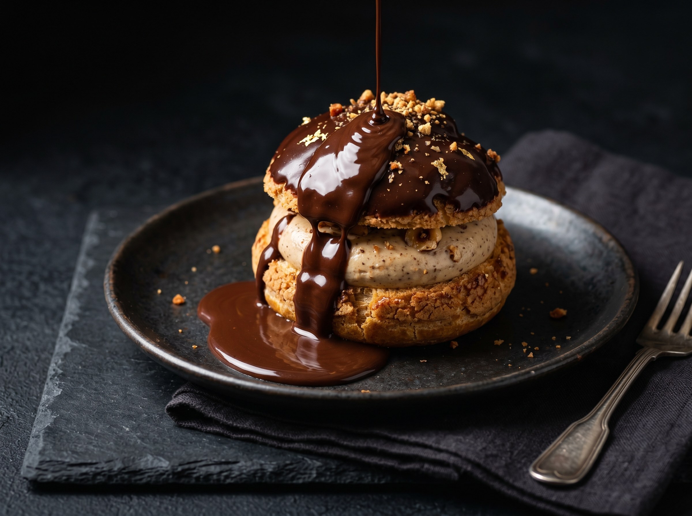 Profiteroles con crema de praliné de avellana y chocolate Valrhona caliente