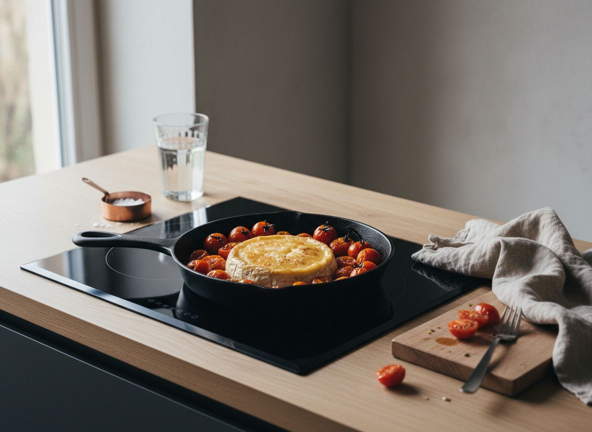 Si quieres el remate completo, reparte los 100 g de tomates cherry partidos por la mitad alrededor del queso durant