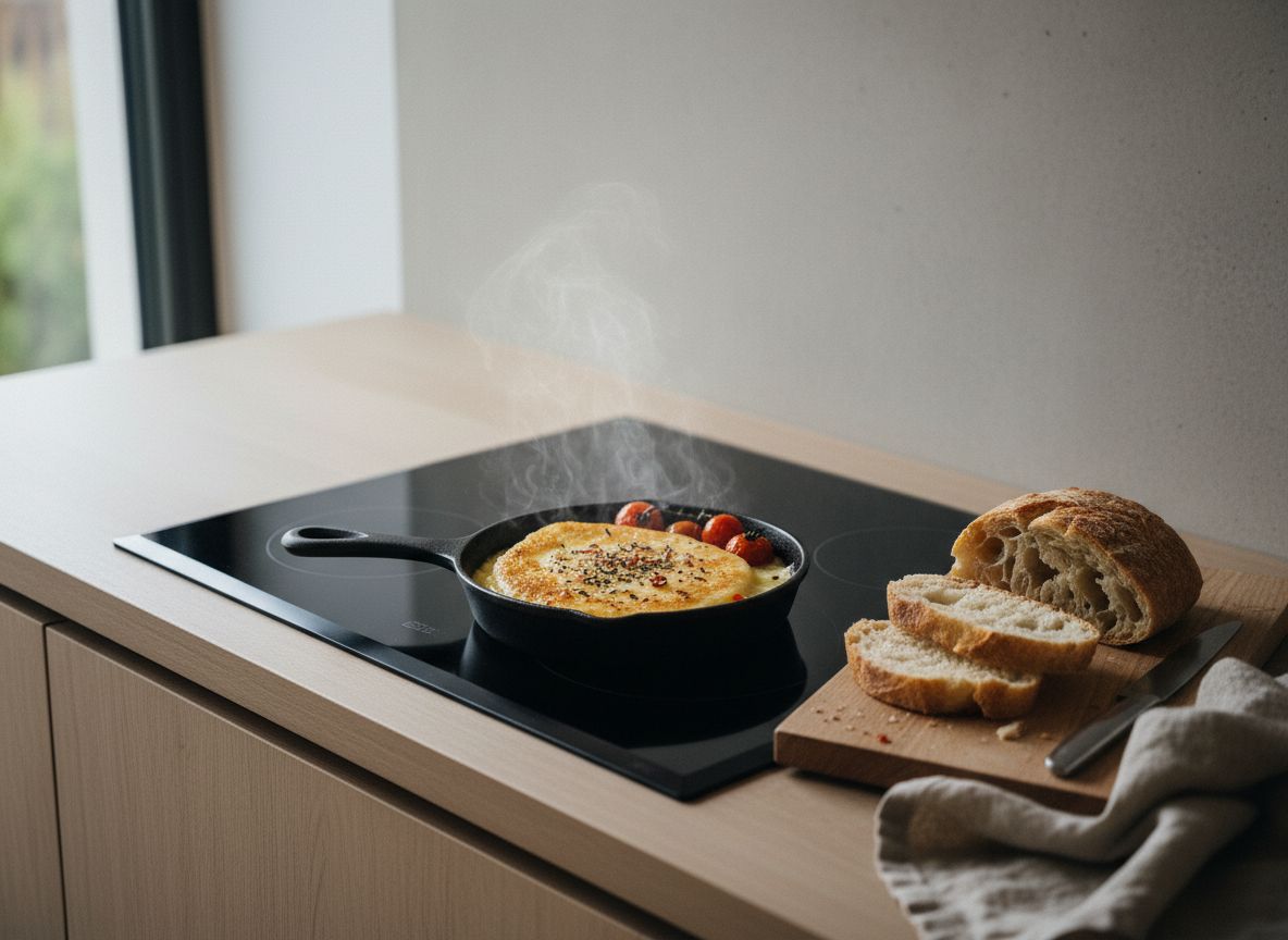Provoleta dorada y burbujeante en sartén de hierro con costra tostada, orégano y ají por encima, un trozo estirándose en hilos, con pan de hogaza al lado