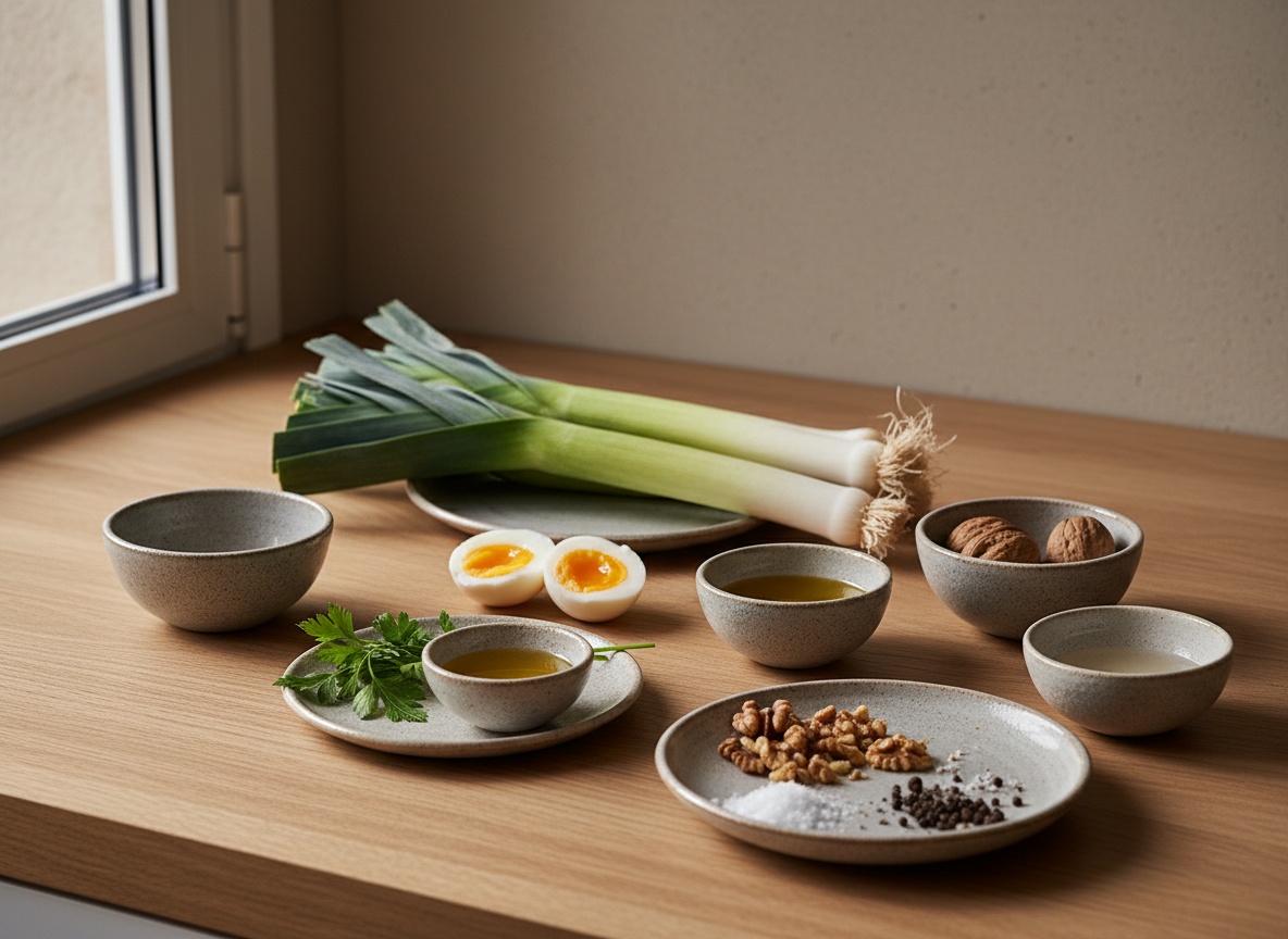Ingredientes de los puerros a la vinagreta sobre encimera de roble: puerros enteros, huevos cocidos, nueces, aceite, vinagre y perejil