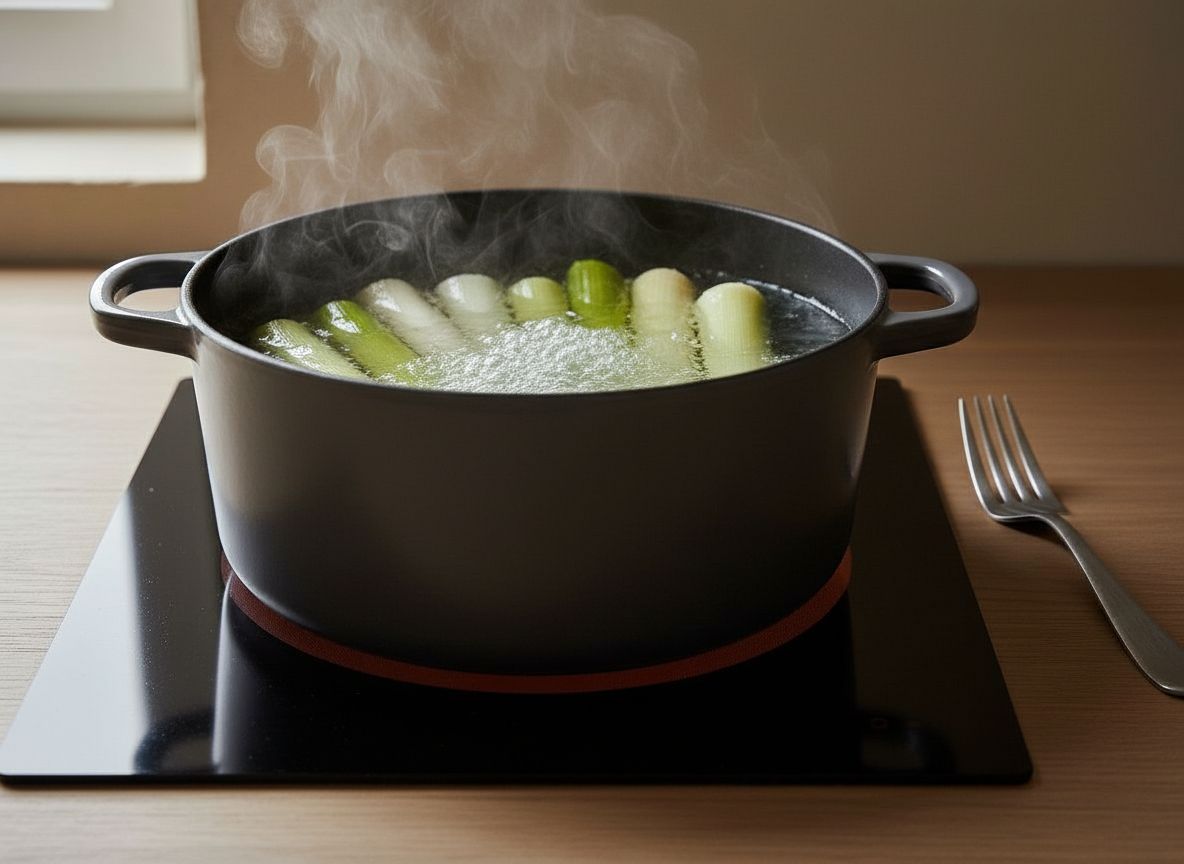Puerros enteros cociendo sumergidos en una olla de agua hirviendo con sal, con vapor subiendo, sobre vitrocerámica