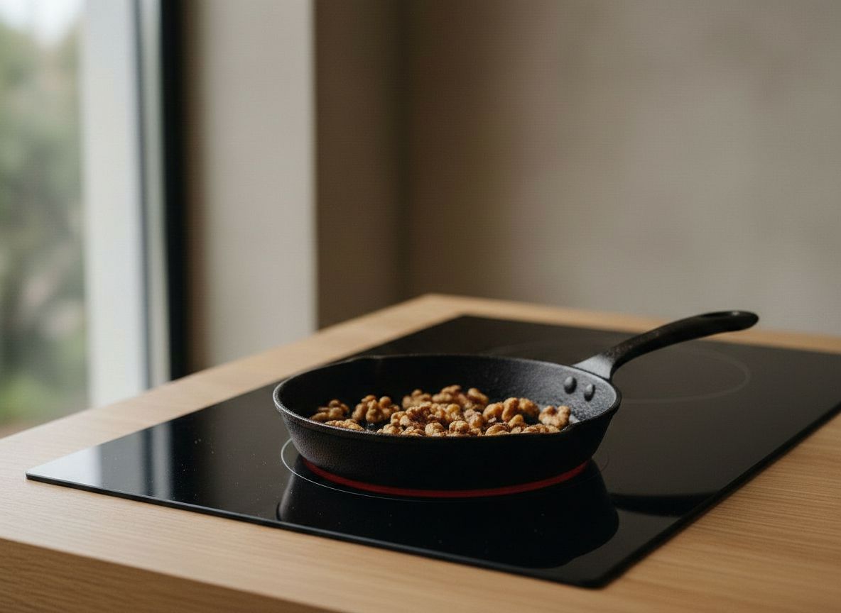 Nueces peladas tostándose en una sartén seca sin aceite, doradas y aromáticas, sobre vitrocerámica