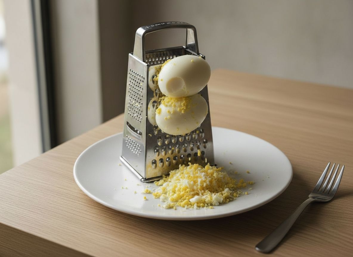 Dos huevos cocidos pelados rallándose por la cara gruesa del rallador sobre un plato, formando la mimosa