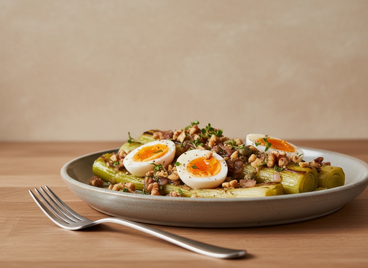 Puerros enteros cocidos y napados con vinagreta de mostaza rota, cubiertos de huevo duro rallado mimosa, nueces tostadas y cebollino, en fuente de cerámica blanco hueso