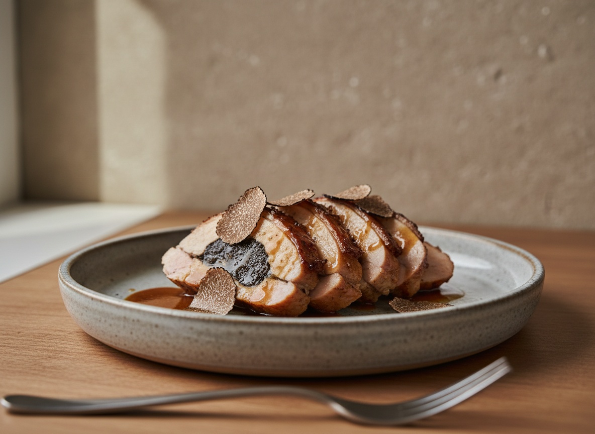 Pularda de Bresse asada y trinchada con la piel dorada y las láminas oscuras de trufa negra visibles bajo la piel de la pechuga, napada con salsa brillante y coronada de trufa fresca laminada