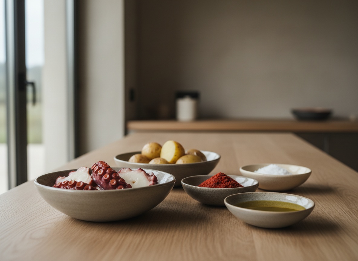 Pulpo, patatas, pimentón de la Vera, sal gorda y aceite de oliva dispuestos de lado en cuencos de cerámica gris piedra sobre roble mate, vistos en ángulo lateral con luz por la izquierda.