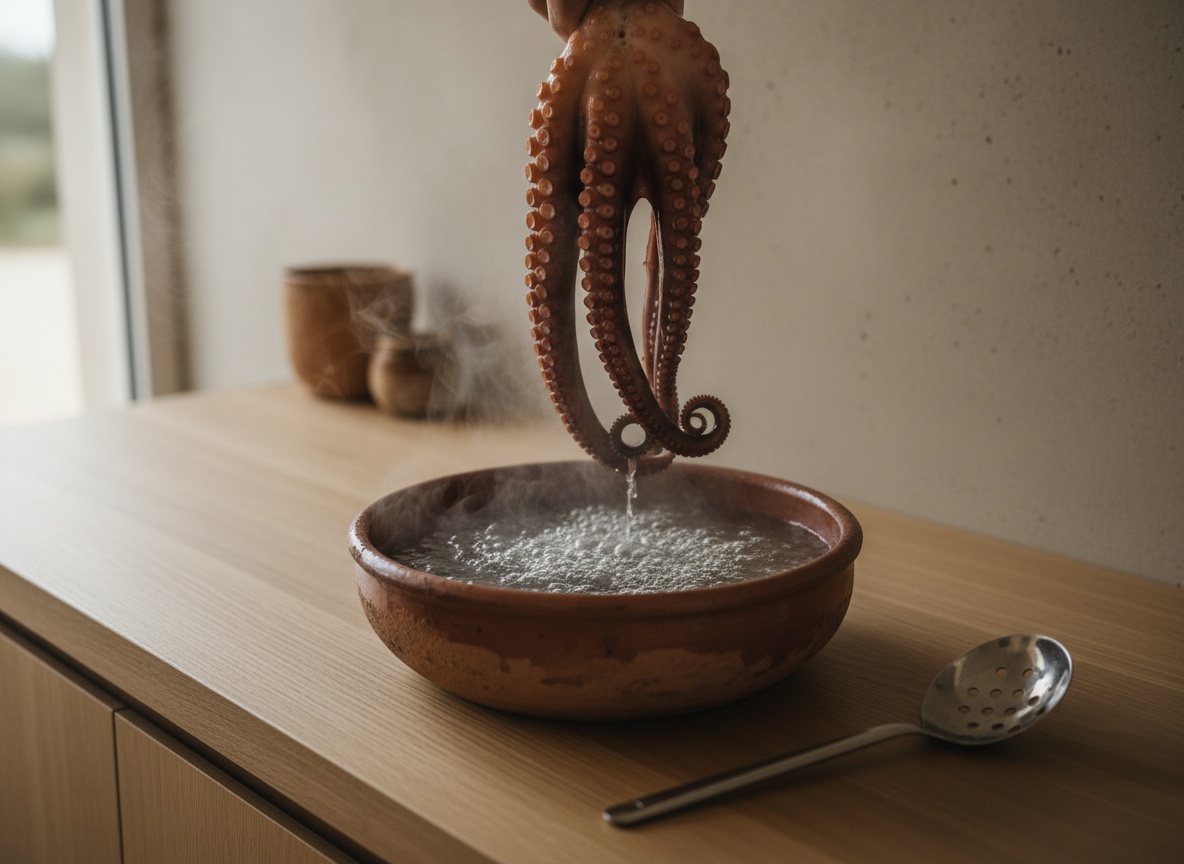 Pulpo sujeto por la cabeza sumergiéndose en el agua caliente durante el asustado, con los tentáculos empezando a rizarse, luz lateral izquierda.