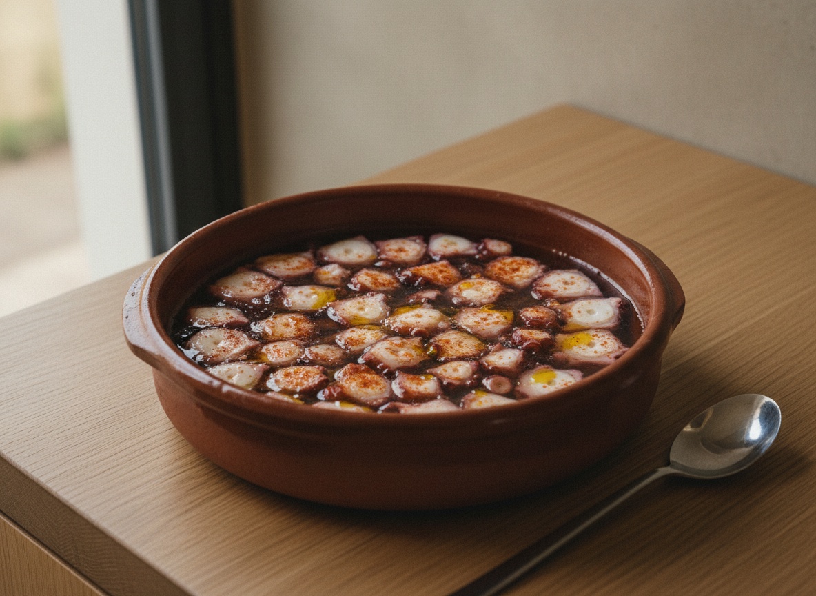 Pulpo cociéndose en la olla con el agua apenas temblando, sin hervor turbulento, sobre encimera de roble mate.