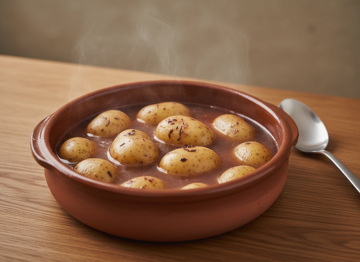 Patatas gallegas enteras cociéndose en el agua del pulpo dentro de la olla, sobre superficie de roble mate.