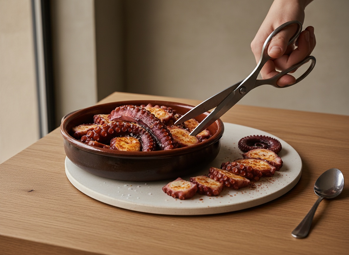 Tentáculos de pulpo cortándose con tijera en rodajas oblicuas sobre una tabla, cerámica hueso al lado.