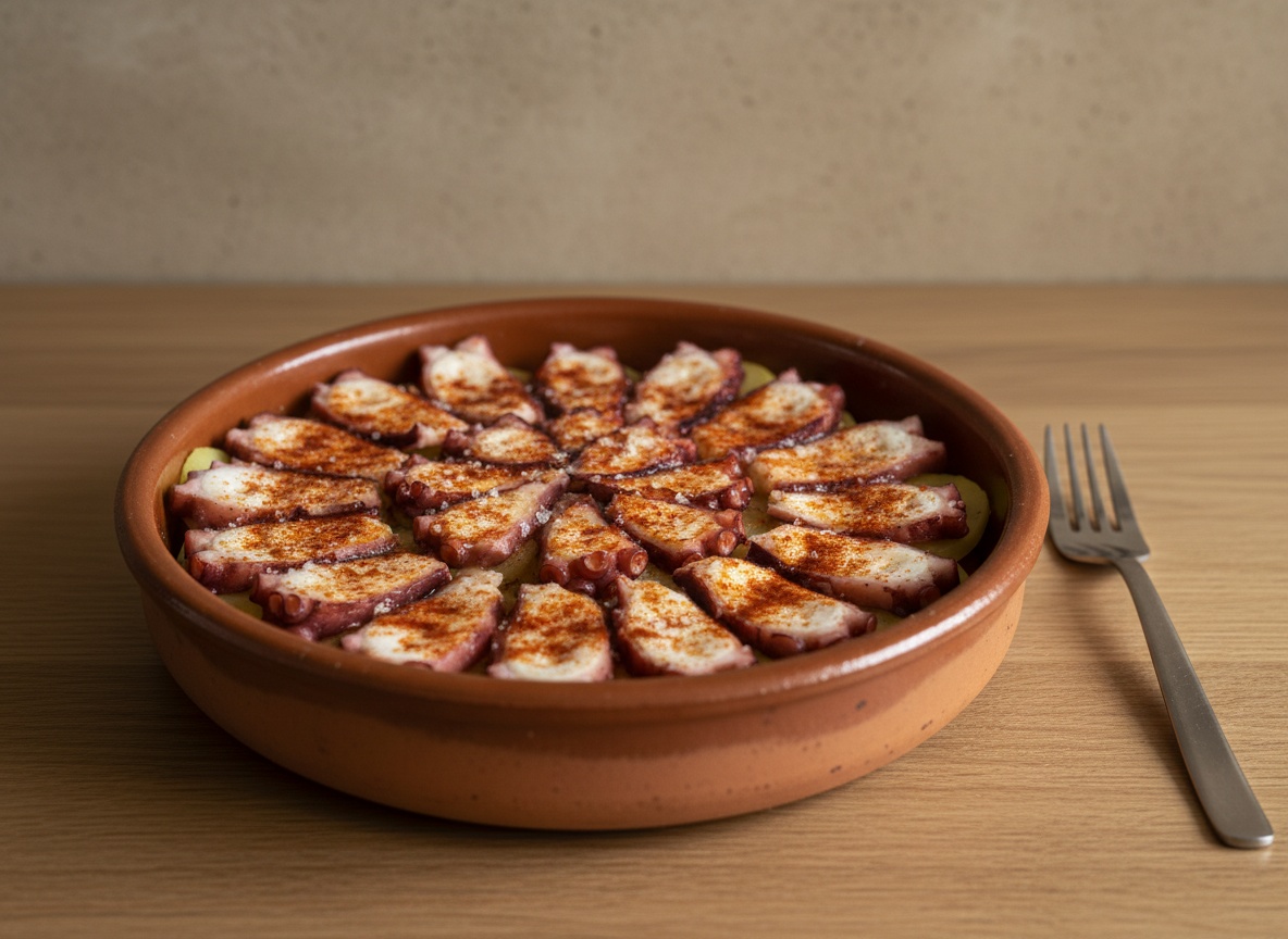 Rodajas de pulpo dispuestas sobre las patatas en la cazuela de barro caliente, en una sola capa, luz por la izquierda.