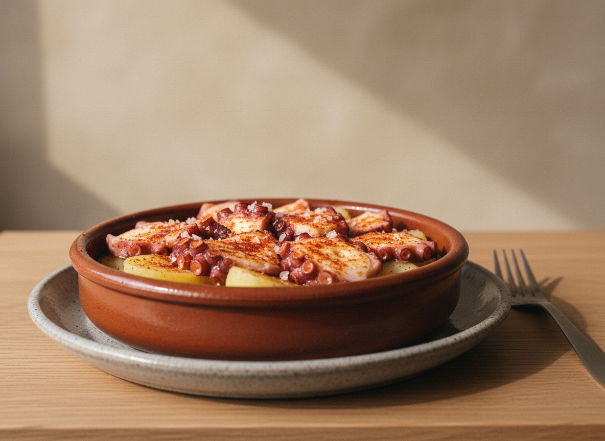Pulpo a feira en cazuela de barro sobre cachelos, espolvoreado con pimentón de la Vera y sal gorda y regado con aceite de oliva, sobre superficie de roble mate y luz lateral izquierda.