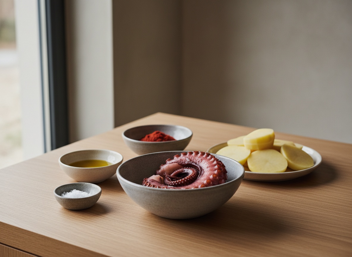 Ingredientes de la receta vistos de lado sobre superficie de roble: pulpo, patatas, pimentón de la Vera, aceite y sal en cerámica artesanal