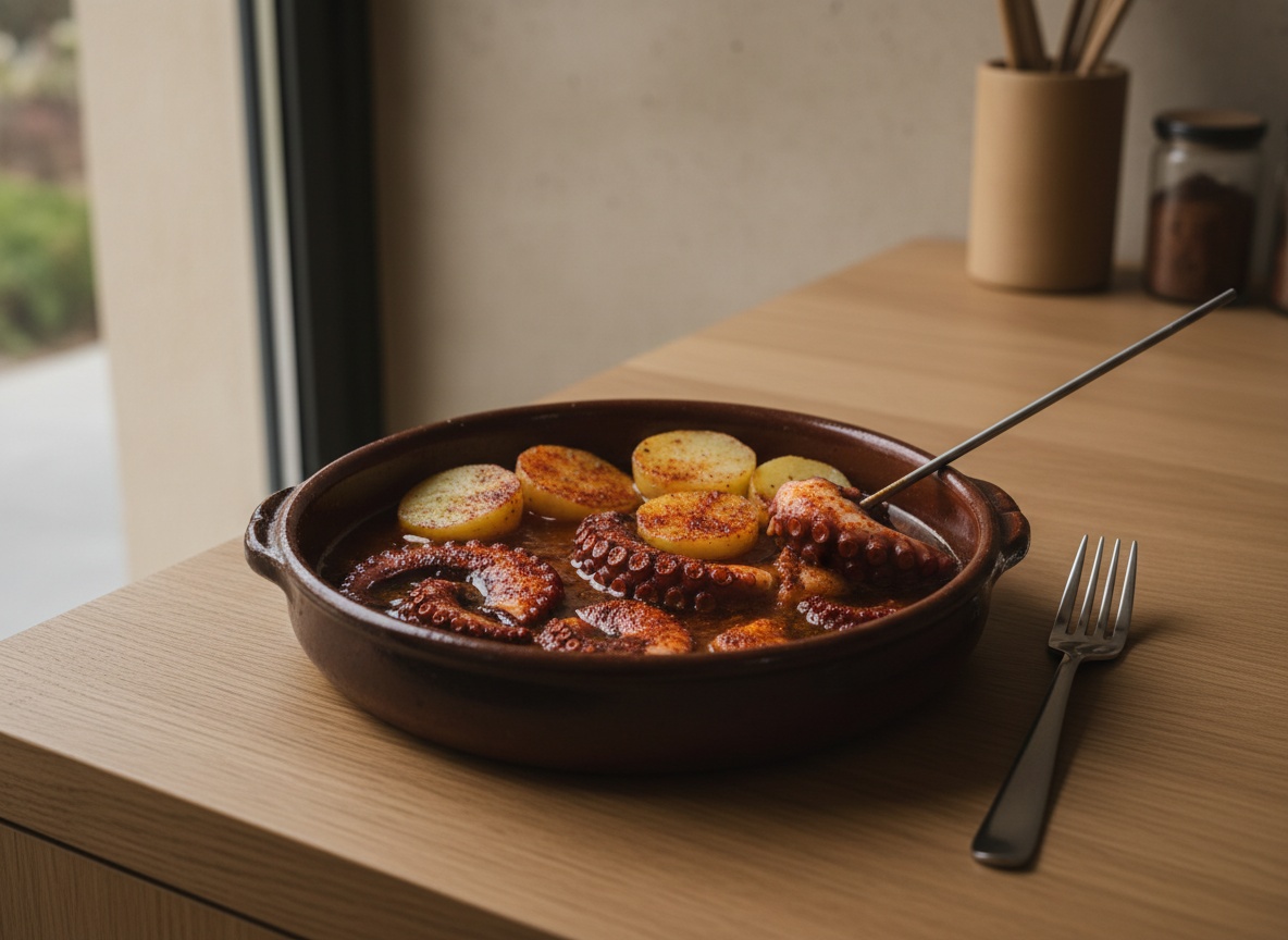Pulpo cociendo a fuego suave con comprobación del punto con un pincho