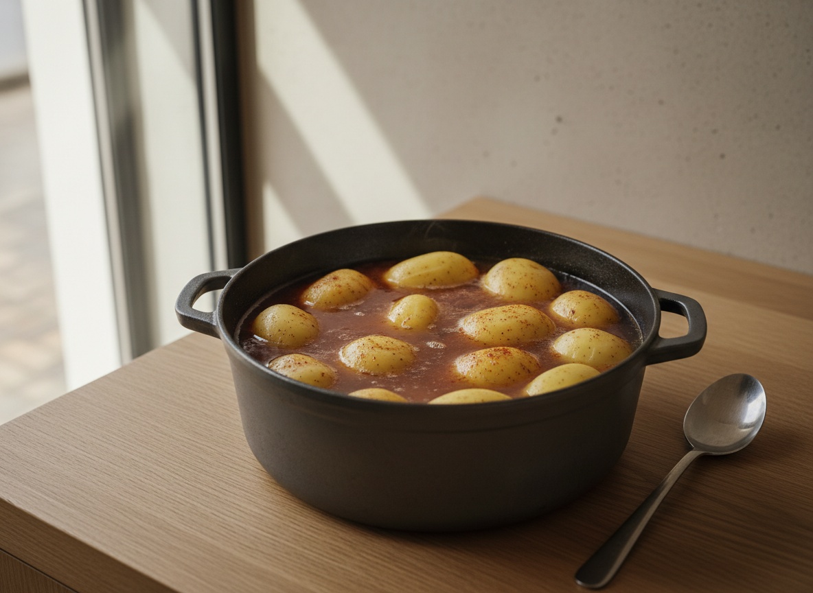 Patatas cociendo en el agua del pulpo dentro de la olla