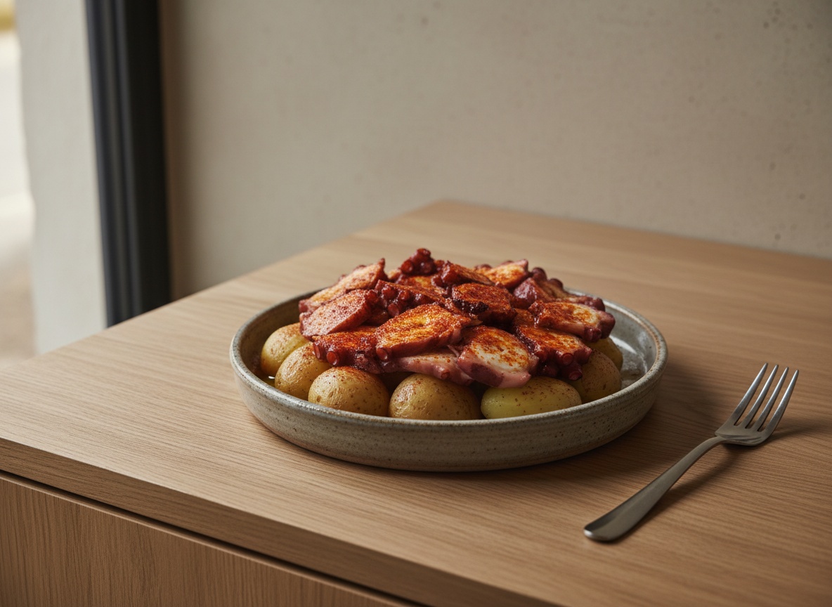 Pata de pulpo cortada con tijera en rodajas sobre los cachelos