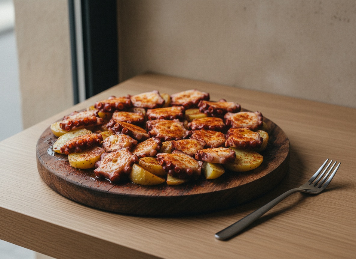 Pulpo aliñado con aceite y pimentón de la Vera recién espolvoreado