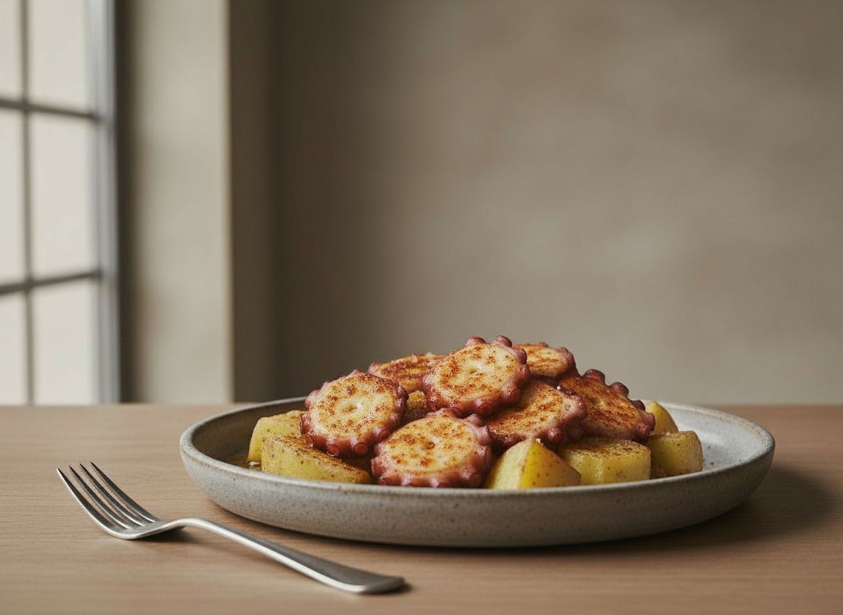 Rodajas de pulpo a la gallega sobre cachelos, espolvoreadas con pimentón de la Vera y sal gruesa, en plato de cerámica artesanal sobre superficie de roble
