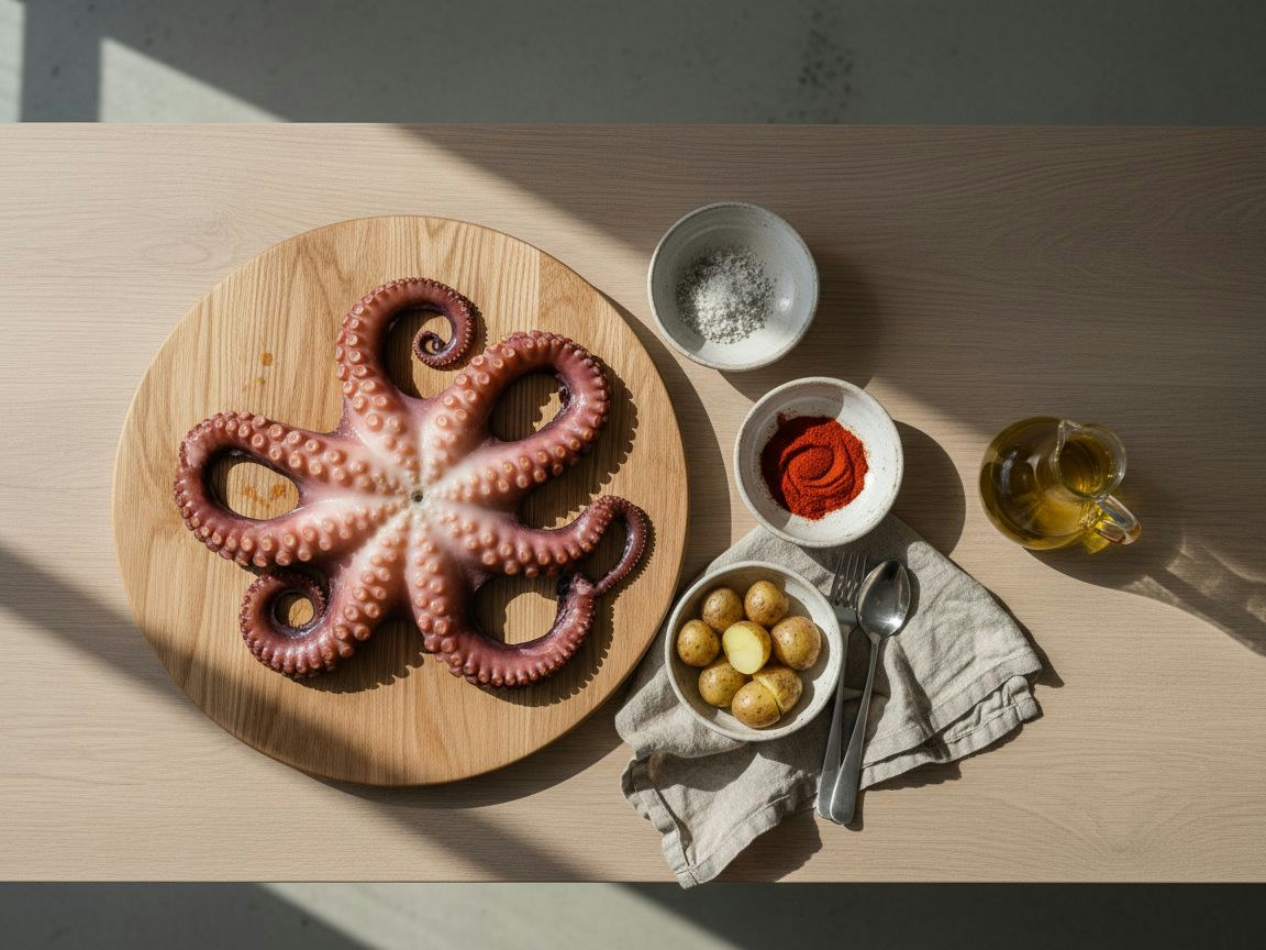 Pulpo de roca descongelado sobre tabla junto a patatas gallegas, cebolla, laurel, pimentón dulce y picante de La Vera, sal gruesa y aceite de oliva