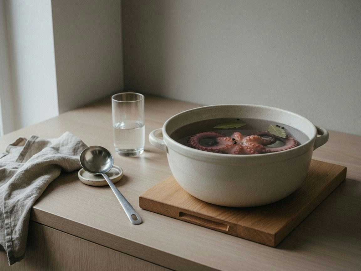 Pulpo cociendo sumergido en la olla alta con la cebolla y el laurel, el agua temblando sin borbotones