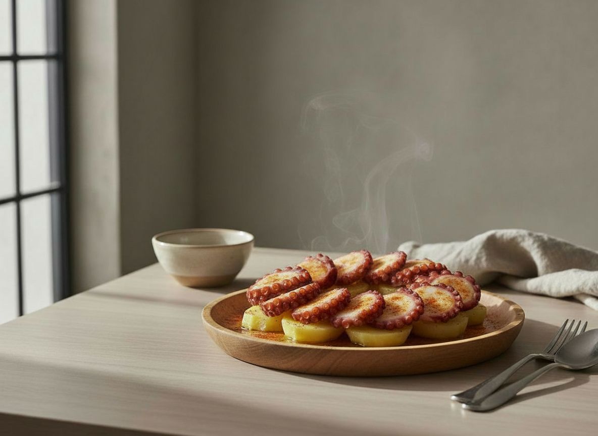 Plato redondo de madera con rodajas de pulpo á feira de piel violácea sobre cachelos gallegos, espolvoreados de pimentón de La Vera y sal gruesa y regados con un hilo de aceite de oliva virgen extra.