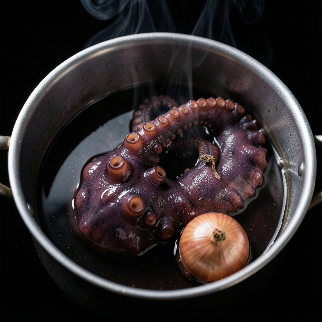 Tentáculo de pulpo cociendo en agua con cebolla