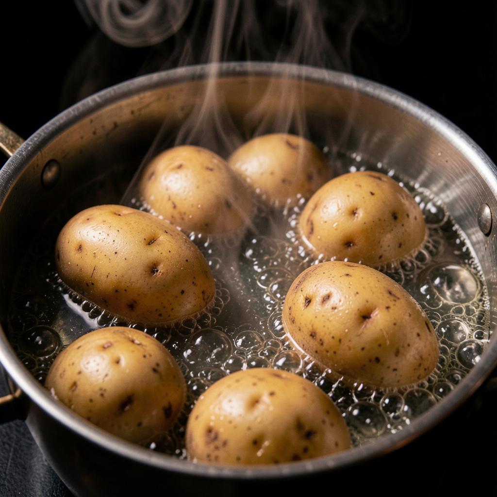 Patatas gallegas cociendo en agua hirviendo con piel