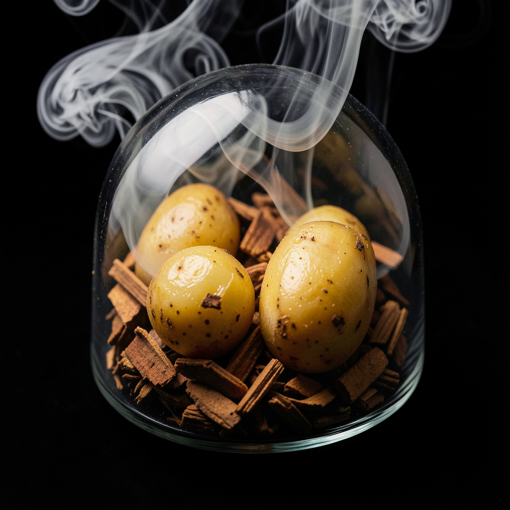 Patatas ahumándose con virutas de roble bajo campana de cristal