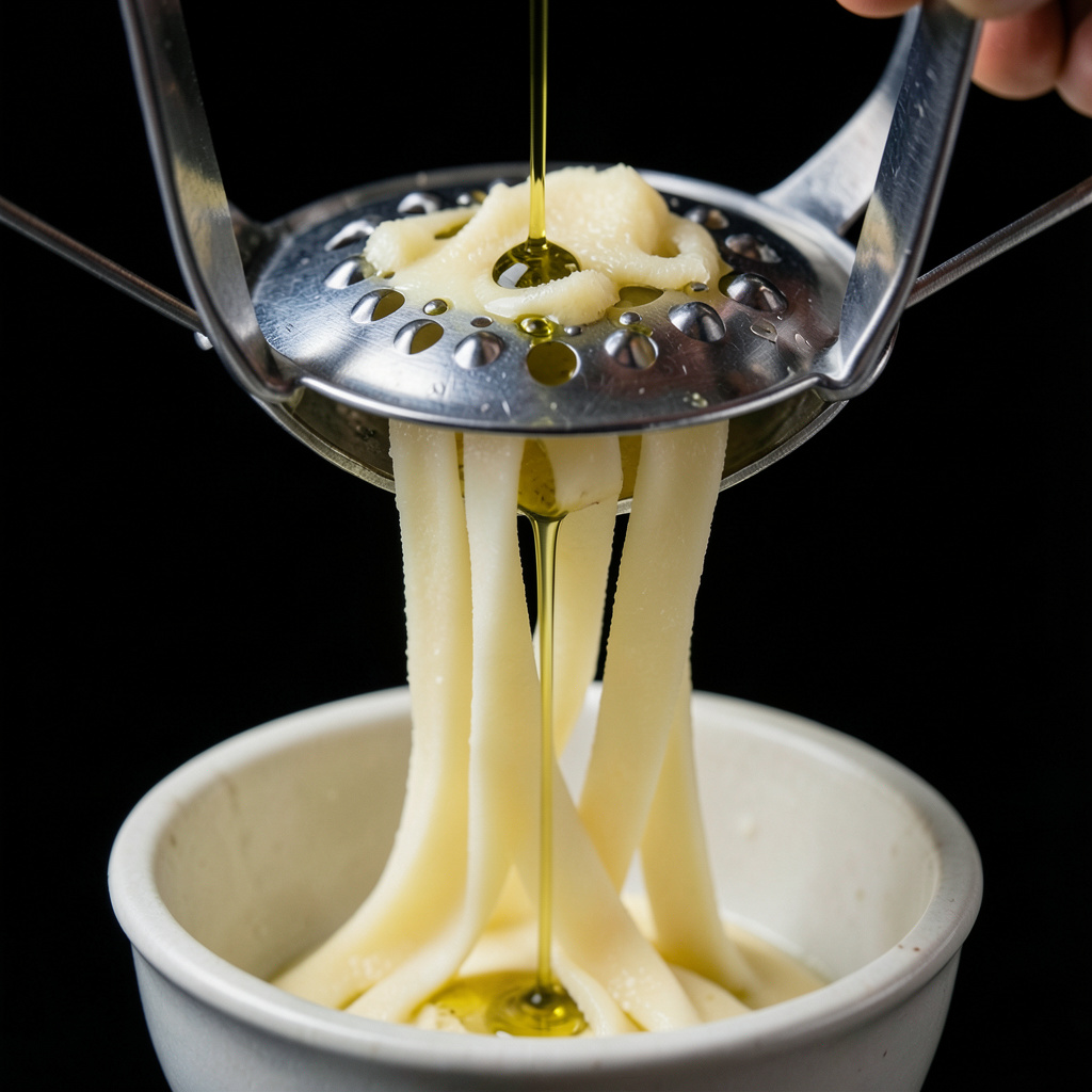 Crema de patata ahumada pasando por pasapurés con hilo de aceite
