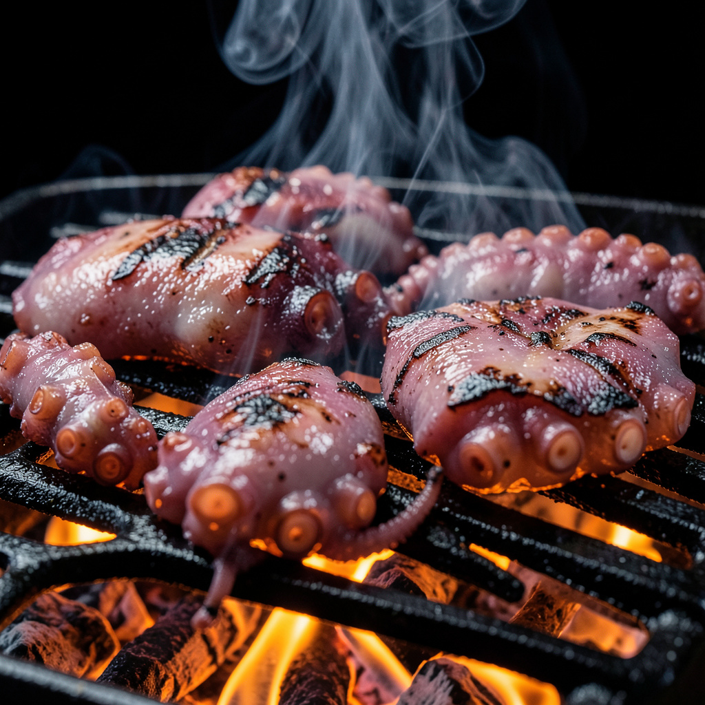 Medallones de pulpo marcándose en la brasa con costra oscura