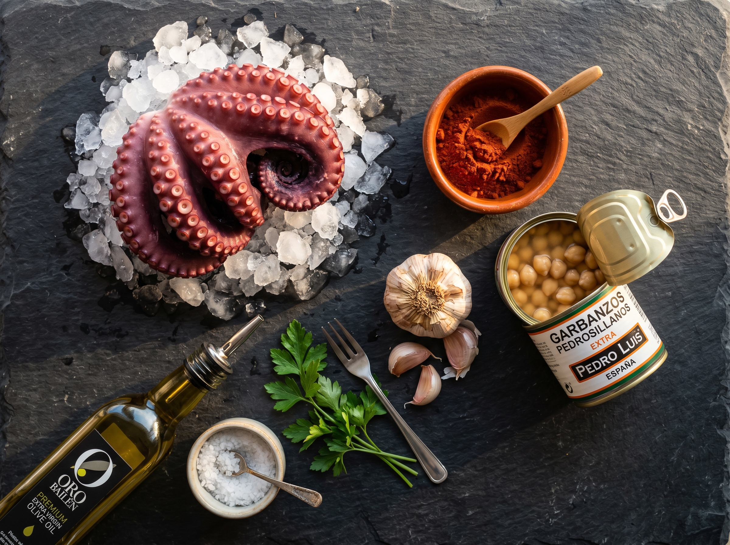 Flat lay ingredientes: tentáculos de pulpo, garbanzos pedrosillanos, pimentón ahumado, aceite y perejil