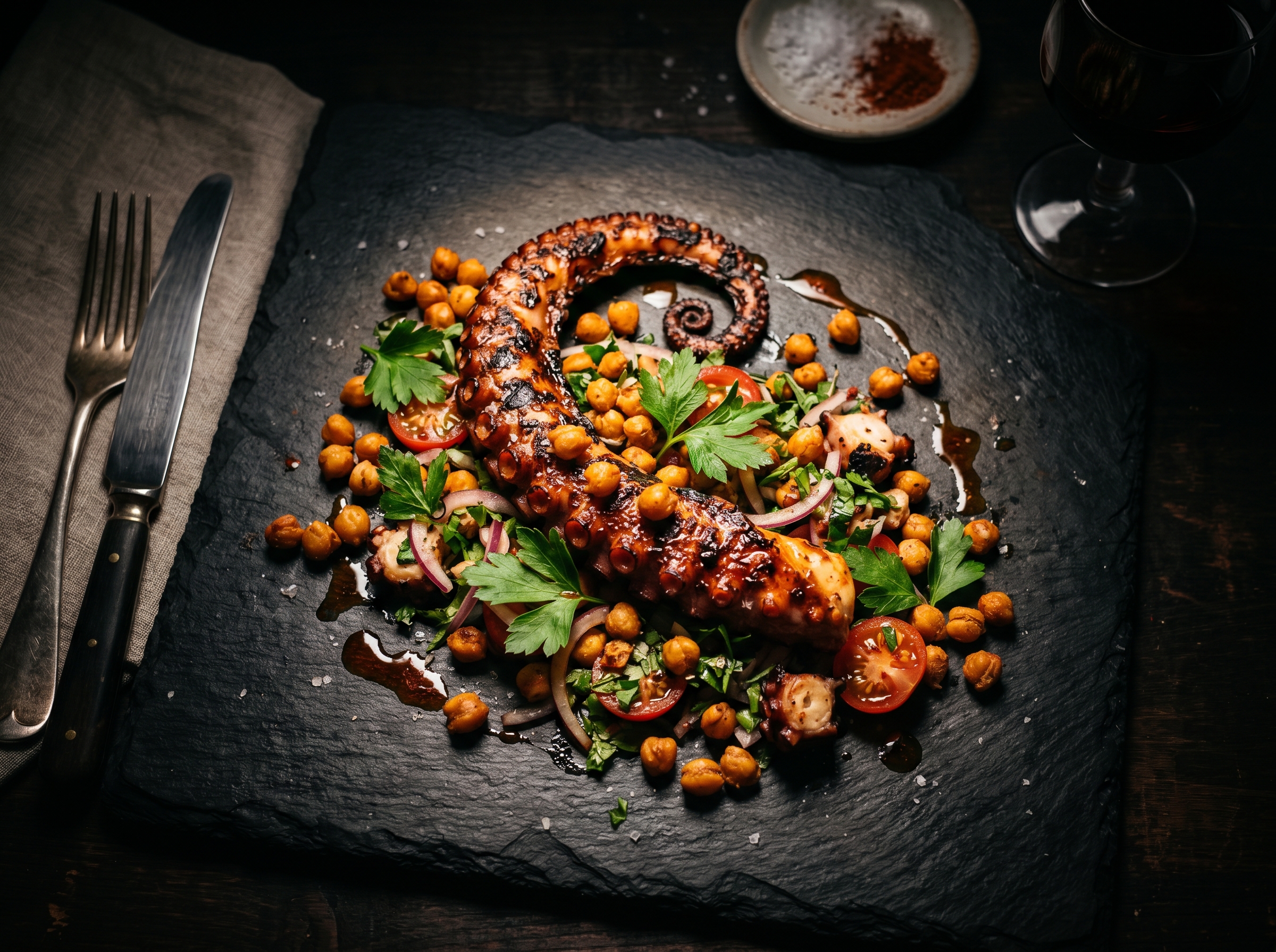 Hero shot: tentáculo de pulpo con marcas de brasa, garbanzos dorados y aceite de pimentón ahumado