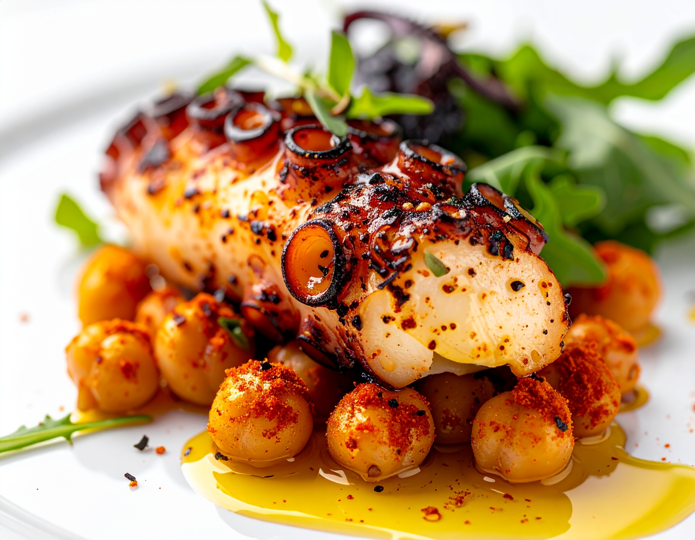 Macro de tentáculo de pulpo con marcas de brasa sobre crema de garbanzos al pimentón