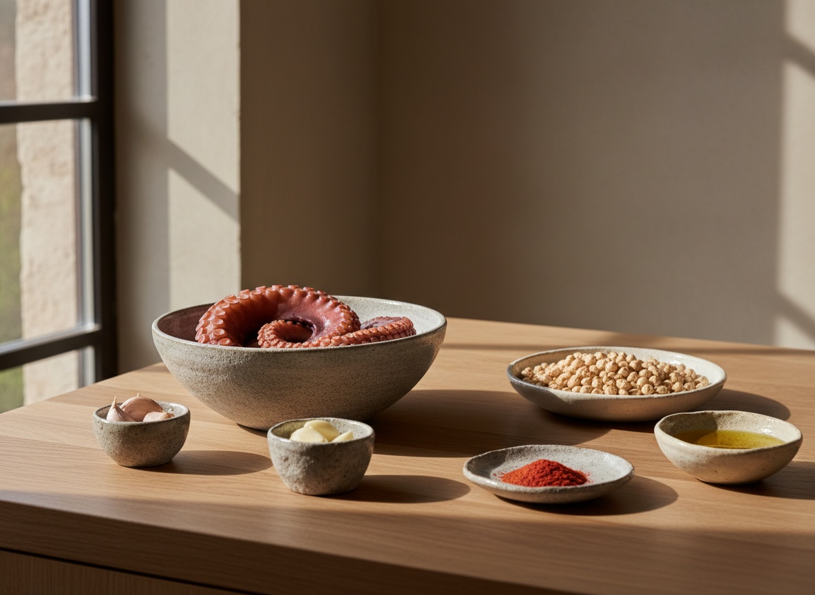 Ingredientes de la receta vistos de lado sobre superficie de roble: pulpo, garbanzos, ajo, pimentón y aceite en cerámica artesanal