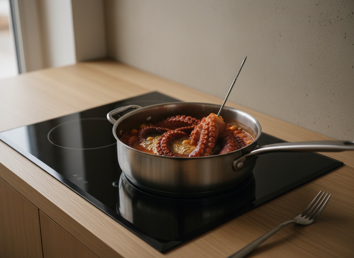 Pulpo cociendo a fuego suave y comprobación del punto con un pincho