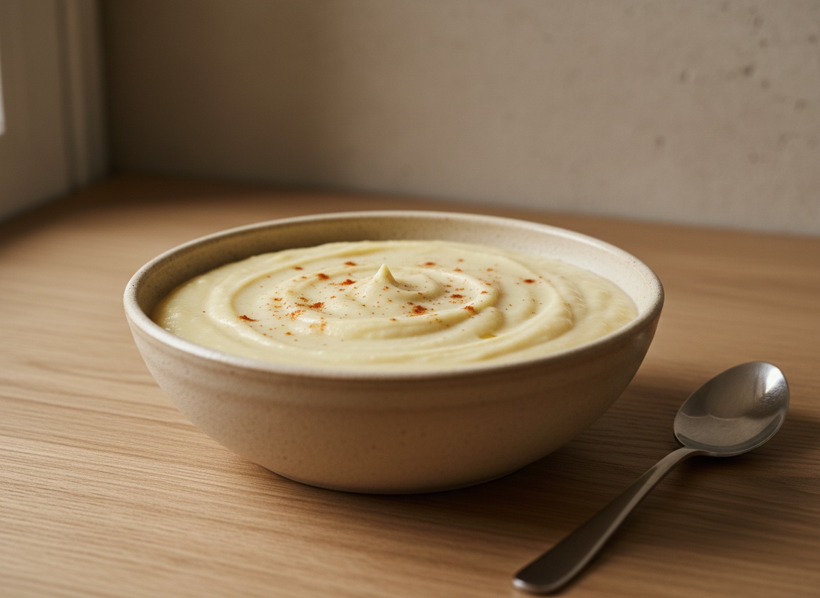 Puré de garbanzo triturado y colado, sedoso, en un cuenco de cerámica