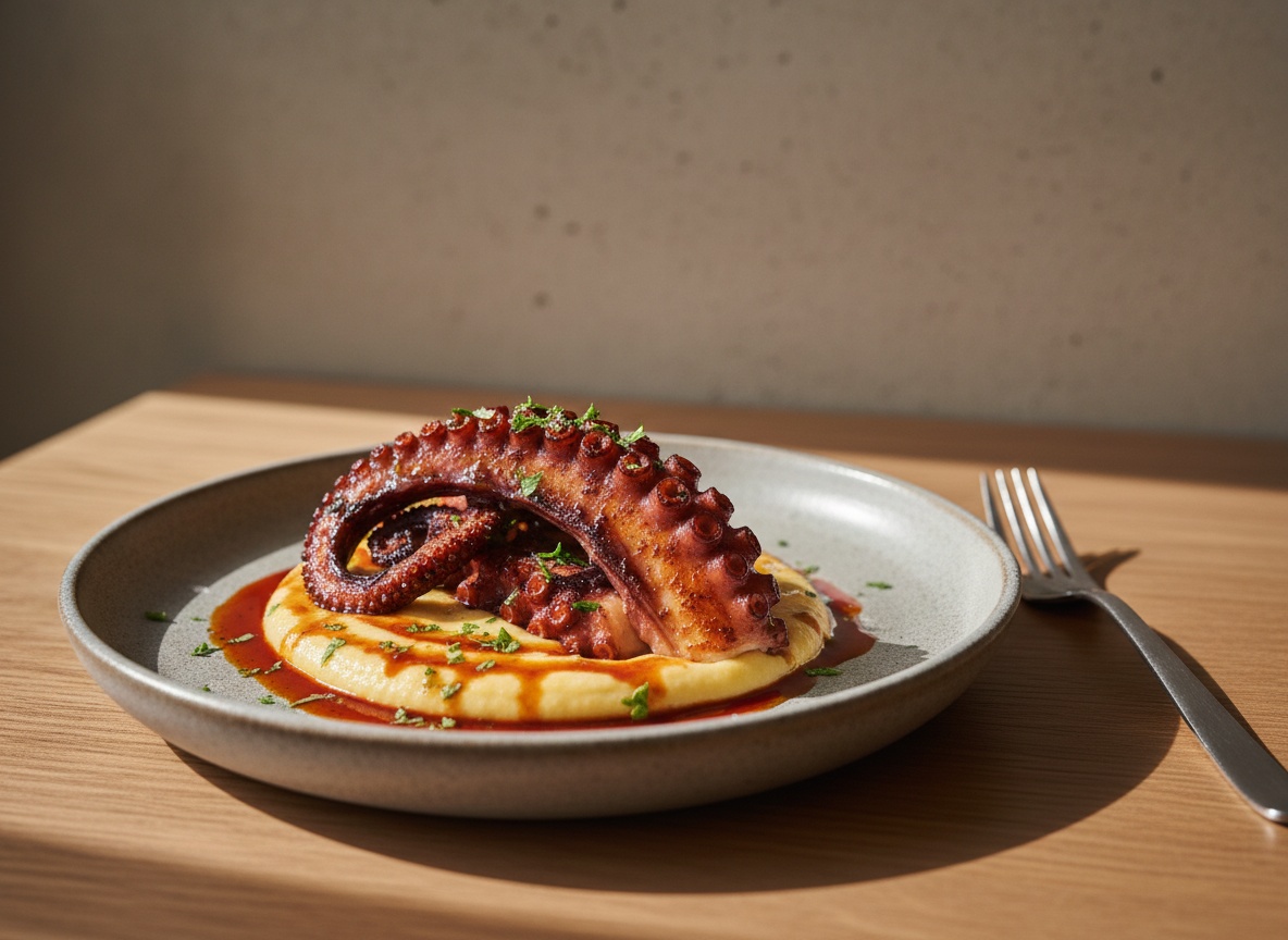 Pulpo braseado sobre una base de puré de garbanzo, napado con aceite de pimentón rojo, en plato de cerámica artesanal sobre superficie de roble
