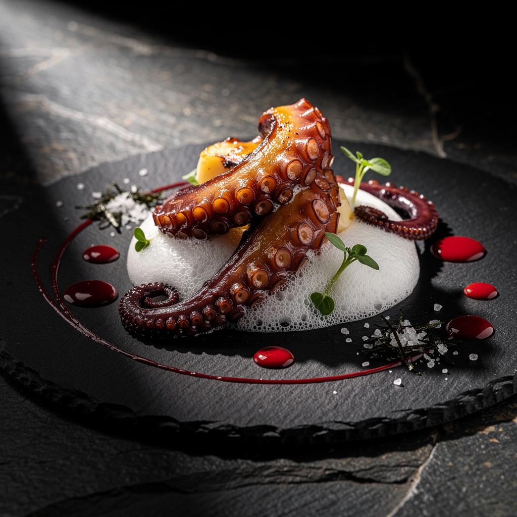 Tentáculos de pulpo de roca sellados con costra dorada sobre espuma de cachelo con aceite de pimentón de Herbón rojo y sal de algas en plato de pizarra negra