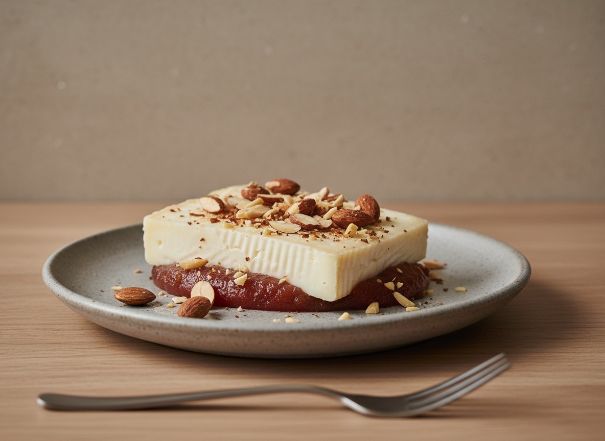 Tabla de queso payoyo en lascas irregulares con bastones de dulce de membrillo, almendras marconas tostadas, hilo de aceite de oliva y romero, sobre tabla de madera de roble