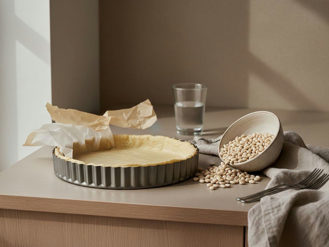 Horneado en blanco: cubre la masa con papel de horno bien ajustado y llénalo de pesos (legumbres secas o bolas cerá