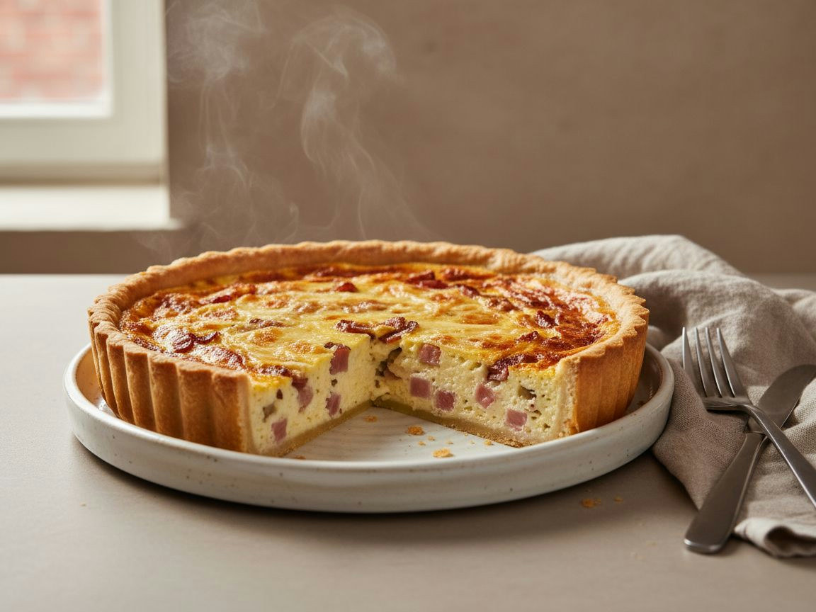Quiche Lorraine dorada en molde acanalado, relleno cremoso y tembloroso apenas cuajado con tacos de bacon y Gruyère fundido, una porción cortada mostrando el interior, sobre tabla de madera